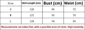 Detaillierte Größentabelle für Chiffon-Maxikleid mit Angaben zu Länge, Brust und Taille