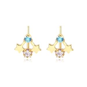 Gold star earrings set with blue and purple zirconia crystals in a 18k gold finish