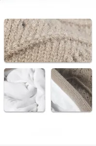 Detail of oatmeal knit beanie featuring a thick white fleece lining for winter warmth