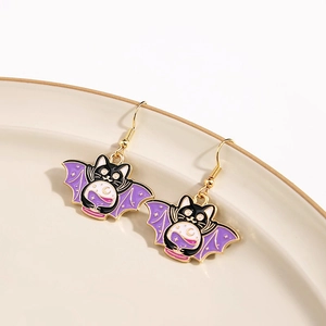 Cute cartoon cat bat earrings in black and purple alloy drip oil for Halloween