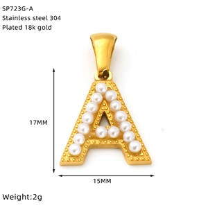 Macro detail of 18k gold plated letter A pendant with pearls and technical specs