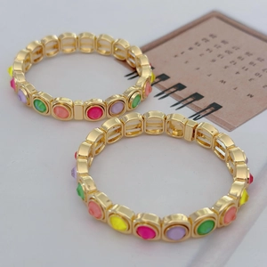 Colorful stretch bead bracelets with gold zinc alloy and vibrant enamel stones for women