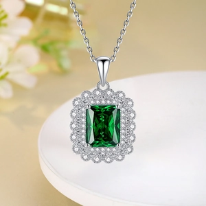 Elegant S925 silver necklace with a large emerald-cut green gemstone pendant