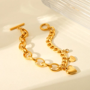 18K gold plated stainless steel Cuban link bracelet with zircon heart charm and OT buckle