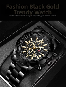Close-up of black and gold chronograph watch with octagonal bezel and leather box