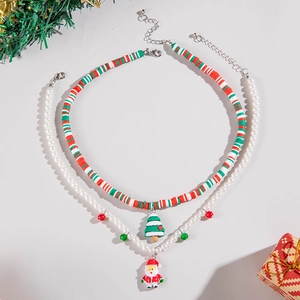 Double-layer Christmas necklace set with colorful clay beads and Santa Claus pendant