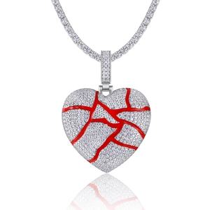 Cadena de tenis hip hop de plata S925 con colgante de corazón roto en rojo y plata