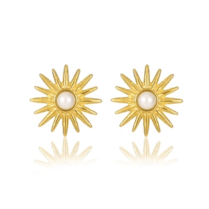 Vintage sunburst gold stud earrings with white pearls, elegant French style stainless steel