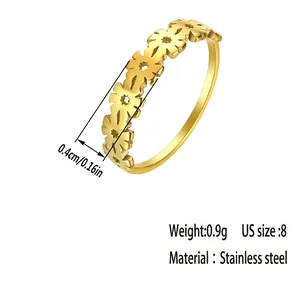 Bohemian gold stainless steel daisy floral ring for women shown from a 45-degree angle