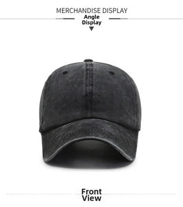 Detailed front view of washed cotton baseball cap in dark grey with stitched eyelets
