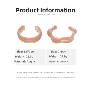 Size chart for acrylic resin bangles with dimensions and care instructions on white background