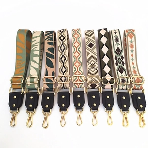 Ethnic jacquard woven wide shoulder straps with PU leather ends and gold metal buckles