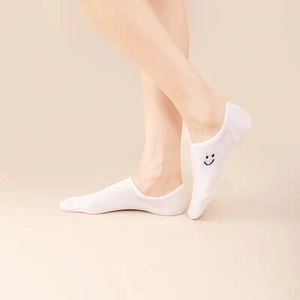 Close-up of white ankle socks featuring a black smiley face embroidery on a model's foot