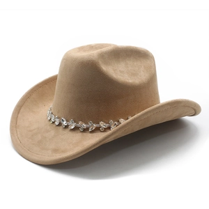 Vintage Western Cowboy Hat With Rhinestone Band Wide Brim Faux Suede Ethnic Style Jazz Fedora For Men Women