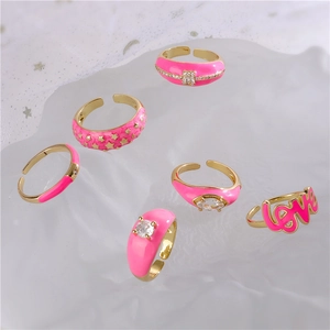 Women Pink Enamel Heart Star LOVE Open Ring Copper Zircon Adjustable Fashion Jewelry Sweet Style Finger Accessory