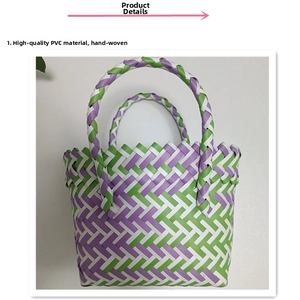 Detail of hand-woven PVC tote bag with green and purple texture and round handles