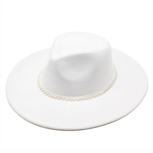 Close-up of white wool fedora hat featuring an elegant pearl beaded decorative band