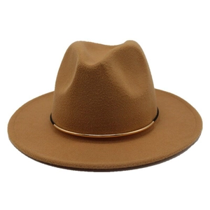 Detail view of camel fedora hat with black band and decorative gold metal buckle