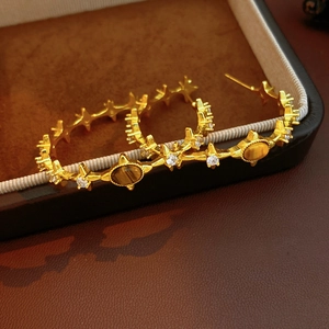 Macro detail of vintage gold-plated star earrings with tiger eye stone and zircon