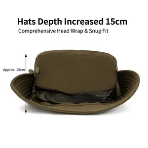 Army green wide brim sun hat with 15cm depth, breathable mesh and canvas material