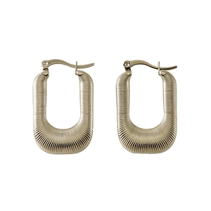 Detail view of silver 18K stainless steel U-shape earrings with textured horizontal stripes