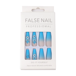 Blue matte ombre coffin press-on nails with butterfly designs and 24-piece retail packaging