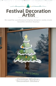 Dettaglio dell'adesivo per finestra con albero di Natale dipinto e Merry Christmas