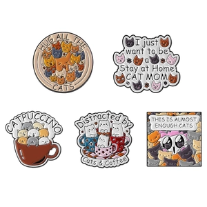 Set of five creative cartoon cat enamel pins with colorful coffee cup and slogan designs