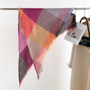 Plaid cashmere-like tassel shawl scarf with colorful pink and orange patterns for winter