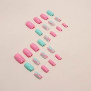 Minimalist pink and mint green wavy press-on nails set with glossy solid color finish