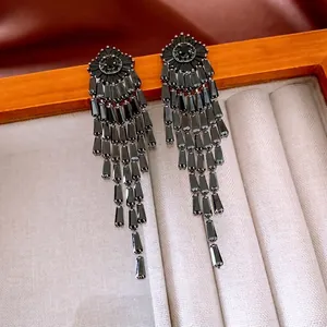 14K gold plated geometric tassel earrings featuring black crystals in French court style