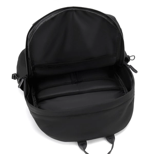 Black casual oxford backpack with padded interior compartment shown from a top view