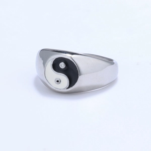 Minimalist stainless steel Tai Chi Yin Yang ring with polished silver finish and enamel inlay