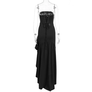 Detailed back view of black off-shoulder dress with lace-up corset and asymmetric hem