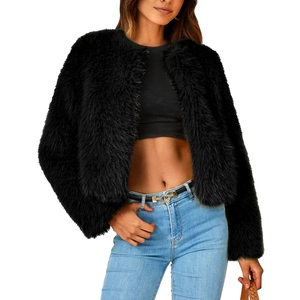 Close-up of black faux fur jacket showing high-quality plush texture and collar detail