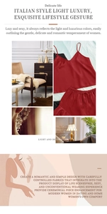 Detailed view of red satin pajamas set with V-neck camisole and matching drawstring shorts