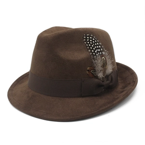 Classic dark brown suede fedora hat with elegant feather decoration and grosgrain ribbon