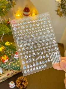 Detailed view of silver laser Christmas nail stickers featuring snowflakes and reindeer
