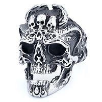 Vintage gothic punk skull ring in silver-toned stainless steel with aged finish detail