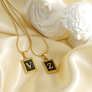 Gold 18K titanium steel snake chain necklaces with black square V and Z letter pendants