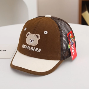 Close-up of baby baseball cap with bear embroidery and breathable mesh side panels