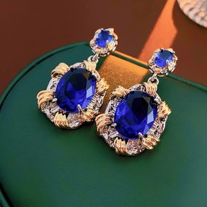 Vintage Oval Blue Zircon Stud Earrings With Silver Earring Post Two Tone Copper Metal Baroque Jewelry For Women