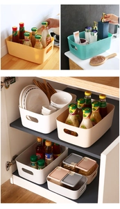 Versatile plastic storage bins for kitchen spice bottles and bathroom toiletries organization