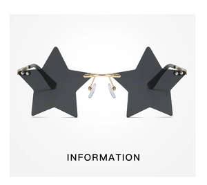 Macro view of frameless star-shaped sunglasses with grey lenses and gold metal frame