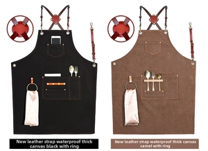 Waterproof heavy canvas aprons with leather straps and multiple storage pockets