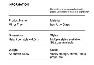 Detailed specifications of Nordic glass mirror tray with iron frame for storage