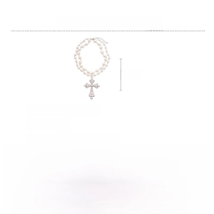 Detail view of double layer faux pearl necklace with cross pendant and size dimensions