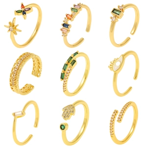 Western Style Copper Gold Plated Open Ring For Women Adjustable Zirconia Inlaid Evil Eye Heart Hamsa Hand Fashion Finger Jewelry