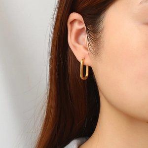 Chic 18K gold plated geometric oval earrings in stainless steel on a female model