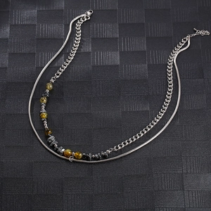 Minimalist multi-layer necklace with silver steel chain and yellow natural stone beads